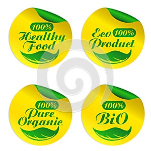 Set yellow, green stickers with leaves for pure organic, eco product, healthy food, bi