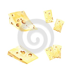 Set of yellow hard cheese slices and pieces with holes. Watercolor illustration isolated on white background
