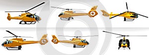 Set yellow helicopter isolated on the white background. 3d rendering.