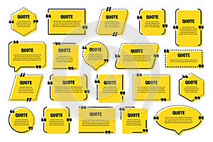 Set of yellow isolated quote frames. Speech bubbles with quotation marks. Blank text box and quotes. Blog post template