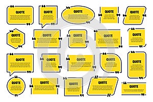 Set of yellow isolated quote frames. Speech bubbles with quotation marks. Blank text box and quotes. Blog post template