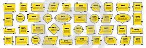 Set of yellow isolated quote frames. Speech bubbles with quotation marks. Blank text box and quotes. Blog post template