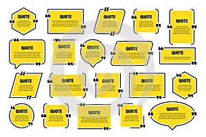 Set of yellow isolated quote frames. Speech bubbles with quotation marks. Blank text box and quotes. Blog post template