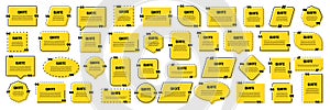 Set of yellow isolated quote frames. Speech bubbles with quotation marks. Blank text box and quotes. Blog post template