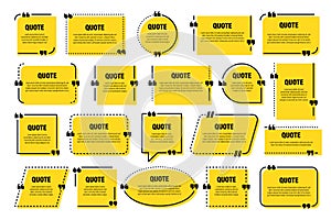 Set of yellow isolated quote frames. Speech bubbles with quotation marks. Blank text box and quotes. Blog post template