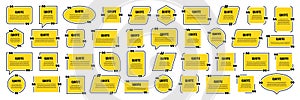 Set of yellow isolated quote frames. Speech bubbles with quotation marks. Blank text box and quotes. Blog post template