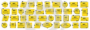 Set of yellow isolated quote frames. Speech bubbles with quotation marks. Blank text box and quotes. Blog post template