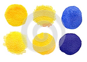 Set of yellow, orange and blue watercolor circles isolated on white background. Colors of the Ukrainian flag watercolor