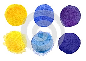 Set of yellow, orange and blue watercolor circles isolated on white background. Colors of the Ukrainian flag watercolor