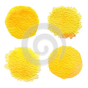 Set of yellow, orange watercolor circles isolated on white background. Orange circle painted watercolor on paper.