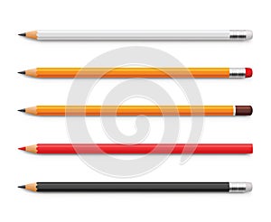 Set of yellow pencils, red and black, sharpened with a rubber band and without - stock vector