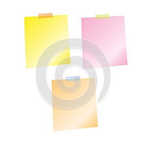 Set of yellow, pink and orange post-it notes, pinned adhesive tape, ready for your use. Notice board element. Perfect for back to