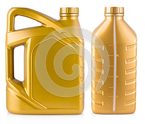 Set of Yellow plastic gallon, jerry can isolated on a white bac