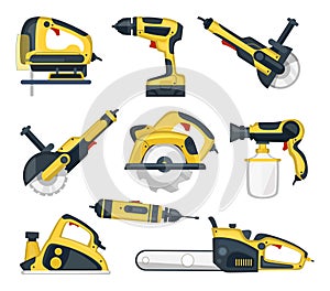 Set of yellow power tools for professional craftsman