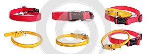 Set with yellow and red leather dog collars on background. Banner design