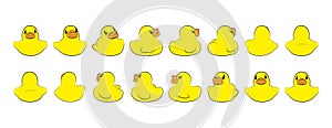 Set of yellow rubber ducks in different phase of rotation. Template for business design or kids. Vector