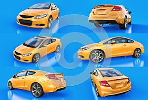 Set yellow small sports car coupe on a blue background. 3d rendering.