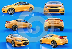 Set yellow small sports car coupe on a blue background. 3d rendering.