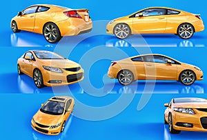 Set yellow small sports car coupe on a blue background. 3d rendering.