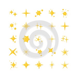 Set of yellow sparkles. Collection of twinkling star symbol isolated on white background. Cartoon style.