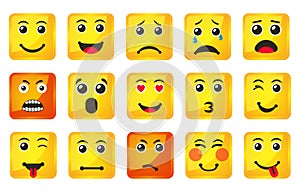 Set of Yellow Square Smiles icons, vector illustration in flat style