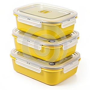 Stackable lunch containers in yellow isolated on white background