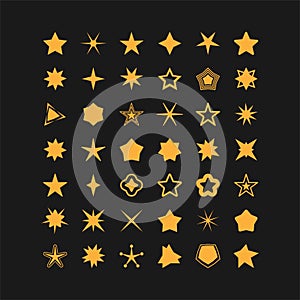 Set of yellow star icons. Collection of stars sparkles isolated on dark background. Flat design different shape. Twinkling effect.