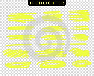 Set of yellow strokes line markers. Vector highlight brush lines. Hand drawing sketch underlined, stripes.  Isolated background.