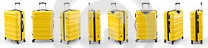 A set of yellow suitcases on a white background. 3D rendering illustration.