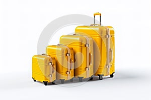 Set of yellow suitcases on white background. Suitcases of different sizes