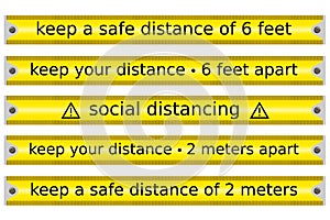 Set of yellow tape caution concerning social or safe distancing in a outbreak period vector isolated