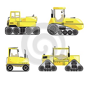 A Set of Yellow Vector Crawler Tractors Isolated on White Background