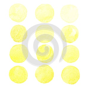 Set of yellow watercolor hand painted round shapes, stains, circles, blobs isolated on white background.