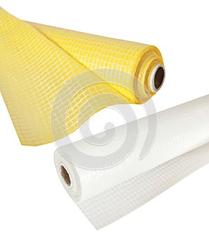 Set of yellow and white waterproof plastic film rolls
