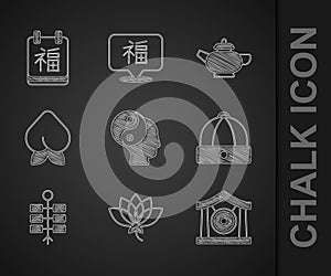 Set Yin Yang symbol, Lotus flower, Gong musical instrument, Chinese hat, Firework, Peach fruit nectarine, tea ceremony