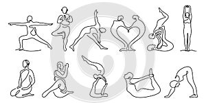 Set of yoga, continuous line drawing of women or man fitness yoga pose. Healthy lifestyle concept. Stretching body and meditation