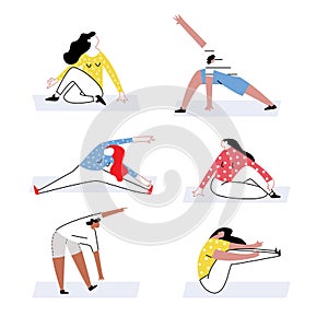 Set of yoga exercising people. Sport training vector