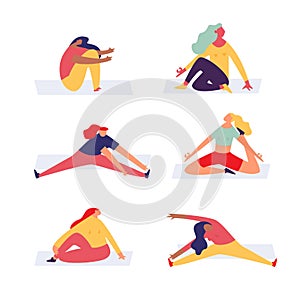 Set of yoga exercising women. Sport training vector