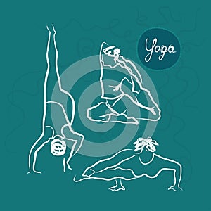 Set Of Yoga Poses Blue Background