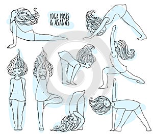 Set of yoga poses with cute girl. Poses and asanas in hand-drawn style. Woman doing yoga and relax exercises, doodle