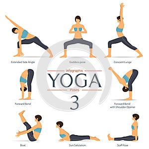 Set of yoga poses in flat design . Yoga infographics. Vector.