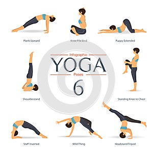 Set of yoga poses in flat design . Yoga infographics. Vector.