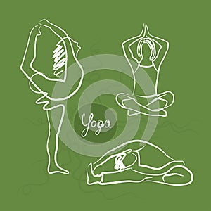 Set Of Yoga Poses. Green Background