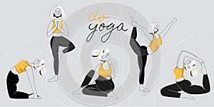 A set of yoga postures female figures