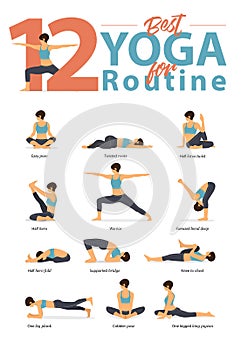 Set of yoga postures female figures for Infographic 12 Yoga poses for routine workout in flat design.