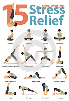 Set of yoga postures female figures for Infographic 15 Yoga poses for stress relieve in flat design.