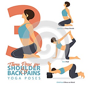 A set of yoga postures female figures for Infographic 3 Yoga poses for relief lower shoulder and back pain in flat design.