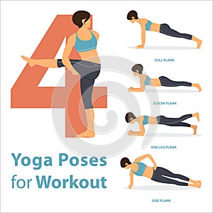 A set of yoga postures female figures for Infographic 4 Yoga poses for workout in flat design. Vector.