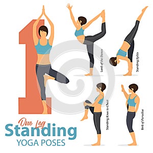 A set of yoga postures female figures for Infographic 5 Yoga in one leg standing poses in flat design. Woman figures exercise.