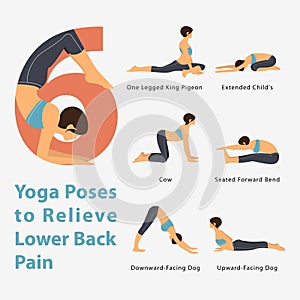 A set of yoga postures female figures for Infographic 6 Yoga poses to relieve lower back pain in flat design.